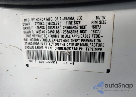 2007 Honda Odyssey Ex z USA, uszkodzony, nr VIN 5FNRL38497B141491